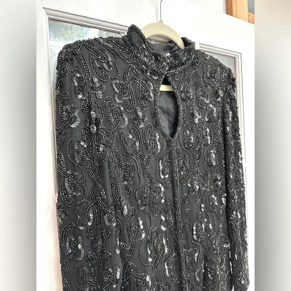 Vintage Stenay Black Hand Beaded Sequin 100% Silk Jacket Top Wimens Size Small S